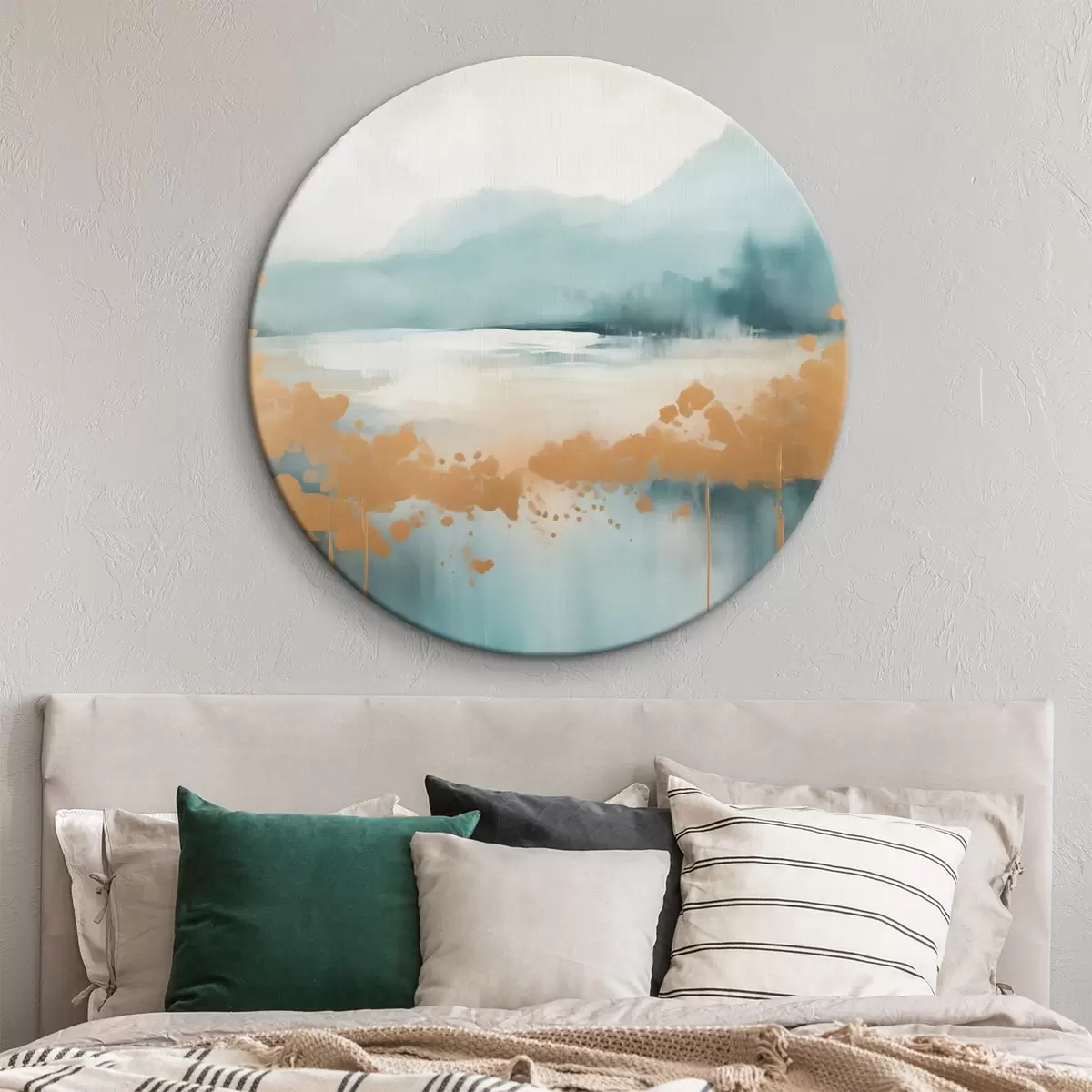 Runde Wandbilder Abstrakte Landschaft mit Bergen und See in Blaugrün und strukturiertem Gelb, weiche Pinselstriche, minimalistisches Kunstwerk r46703