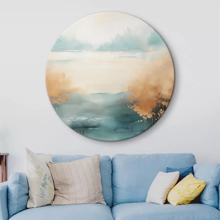 Fototapete Abstrakte Landschaft mit Bergen und See in Blaugrün und strukturiertem Gelb, weiche Pinselstriche, minimalistisches Kunstwerk r46704