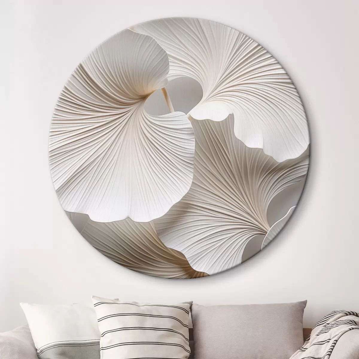 Runde Wandbilder Weiße Ginkgo-Biloba-Blätter mit detaillierten Adern, sanfter Beleuchtung, strukturiertem, elegantem und minimalistischem Design r46705
