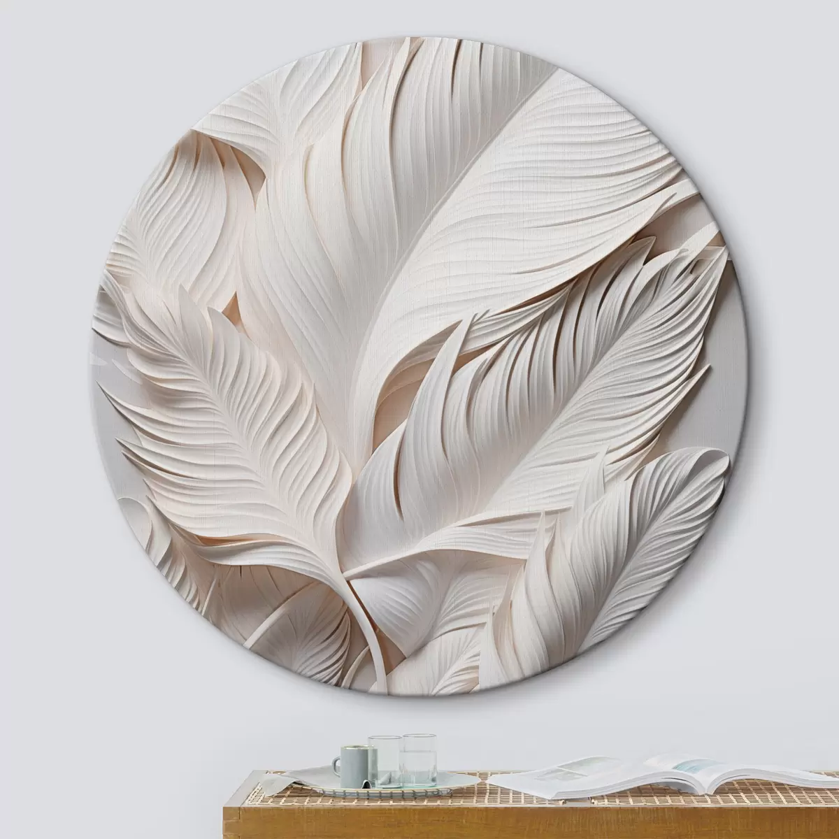Runde Wandbilder Weiße Blätter mit filigranen Details, die einen strukturierten und vielschichtigen Effekt erzeugen, minimalistische Kunst r46706