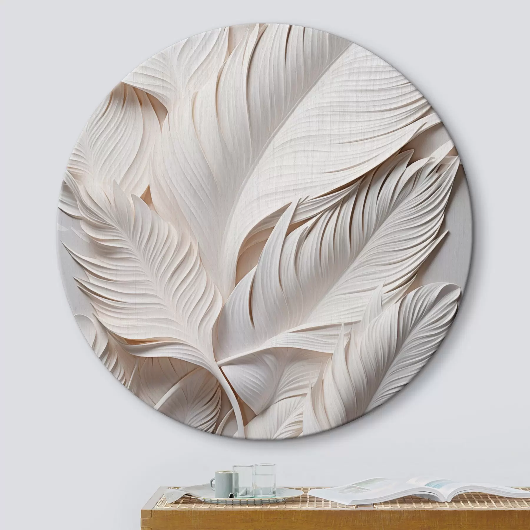 Fototapete Weiße Blätter mit filigranen Details, die einen strukturierten und vielschichtigen Effekt erzeugen, minimalistische Kunst r46706