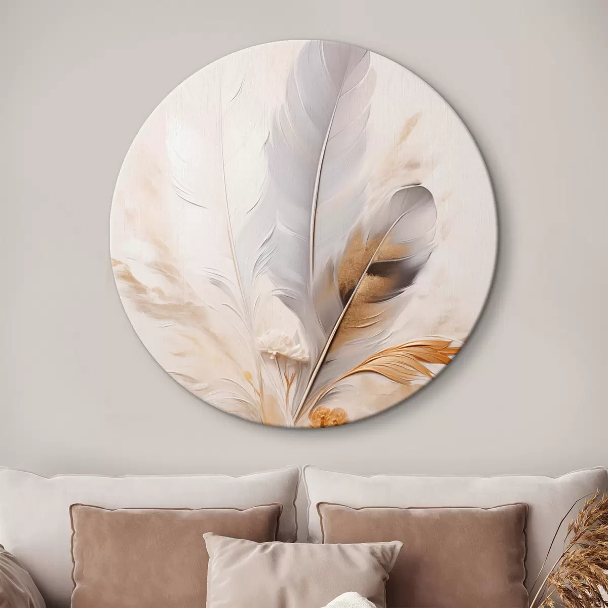 Runde Wandbilder Abstrakte Federn, umgeben von beigen und braunen Federn, weich und zart, auf hellbeigem Hintergrund r46712