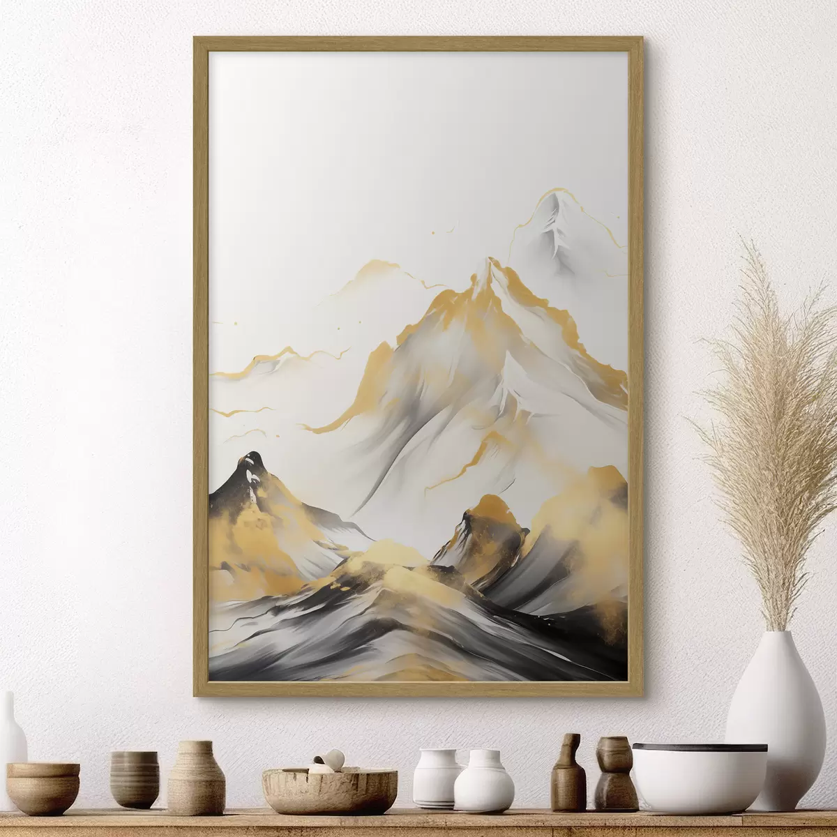 Poster Strukturierte gelbe und schwarze Berge mit schneebedeckten Gipfeln, Tuschemalerei-Stil, minimalistische Bergkette f46683