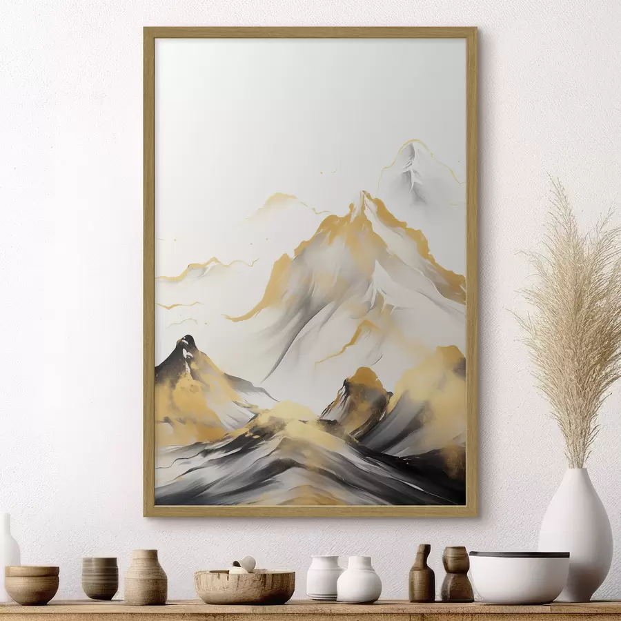 Fototapete Strukturierte gelbe und schwarze Berge mit schneebedeckten Gipfeln, Tuschemalerei-Stil, minimalistische Bergkette f46683