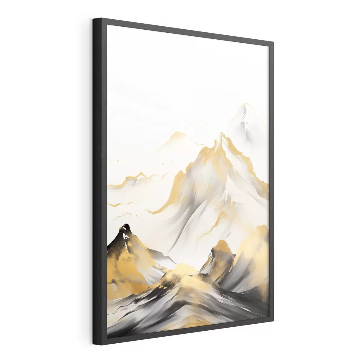 Poster Strukturierte gelbe und schwarze Berge mit schneebedeckten Gipfeln, Tuschemalerei-Stil, minimalistische Bergkette f46683