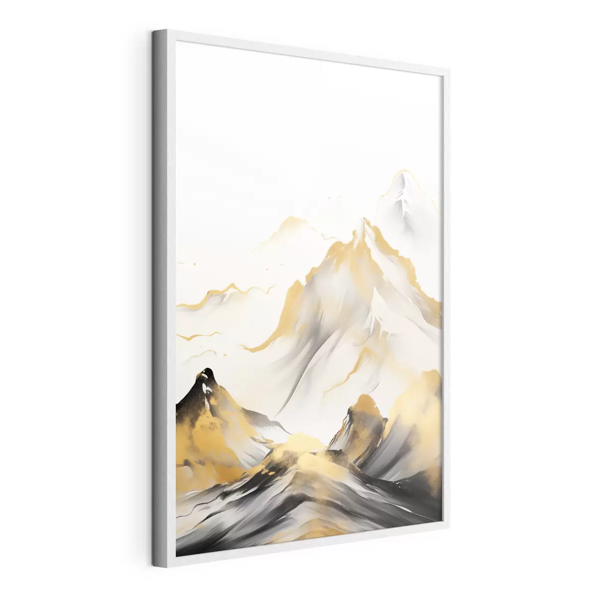 Poster Strukturierte gelbe und schwarze Berge mit schneebedeckten Gipfeln, Tuschemalerei-Stil, minimalistische Bergkette f46683