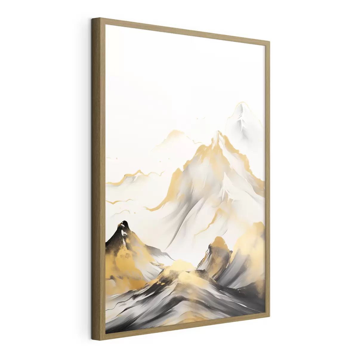Poster Strukturierte gelbe und schwarze Berge mit schneebedeckten Gipfeln, Tuschemalerei-Stil, minimalistische Bergkette f46683