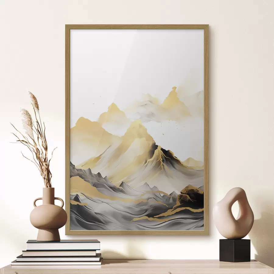 Fototapete Strukturierte gelbe und schwarze Berge mit schneebedeckten Gipfeln, Tuschemalerei-Stil, minimalistische Bergkette f46684