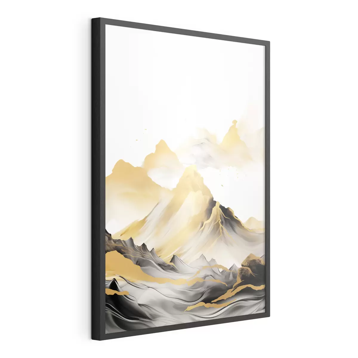 Poster Strukturierte gelbe und schwarze Berge mit schneebedeckten Gipfeln, Tuschemalerei-Stil, minimalistische Bergkette f46684