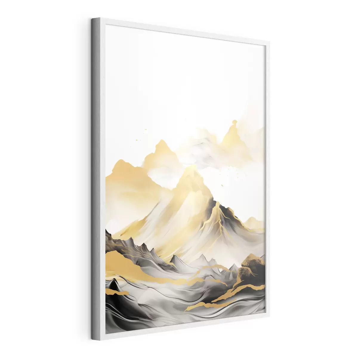 Poster Strukturierte gelbe und schwarze Berge mit schneebedeckten Gipfeln, Tuschemalerei-Stil, minimalistische Bergkette f46684