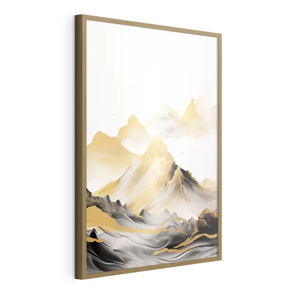 Poster Strukturierte gelbe und schwarze Berge mit schneebedeckten Gipfeln, Tuschemalerei-Stil, minimalistische Bergkette f46684