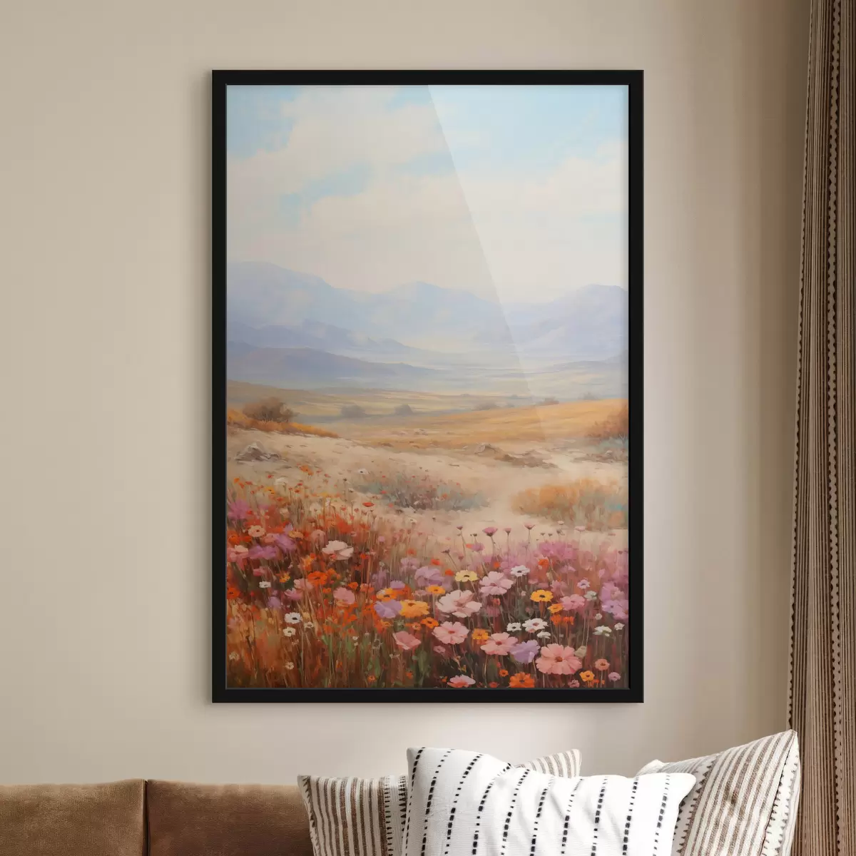 Poster Landschaft, ein Feld voller bunter Blumen mit Bergen im Hintergrund, sanfte Pastellfarben f46685