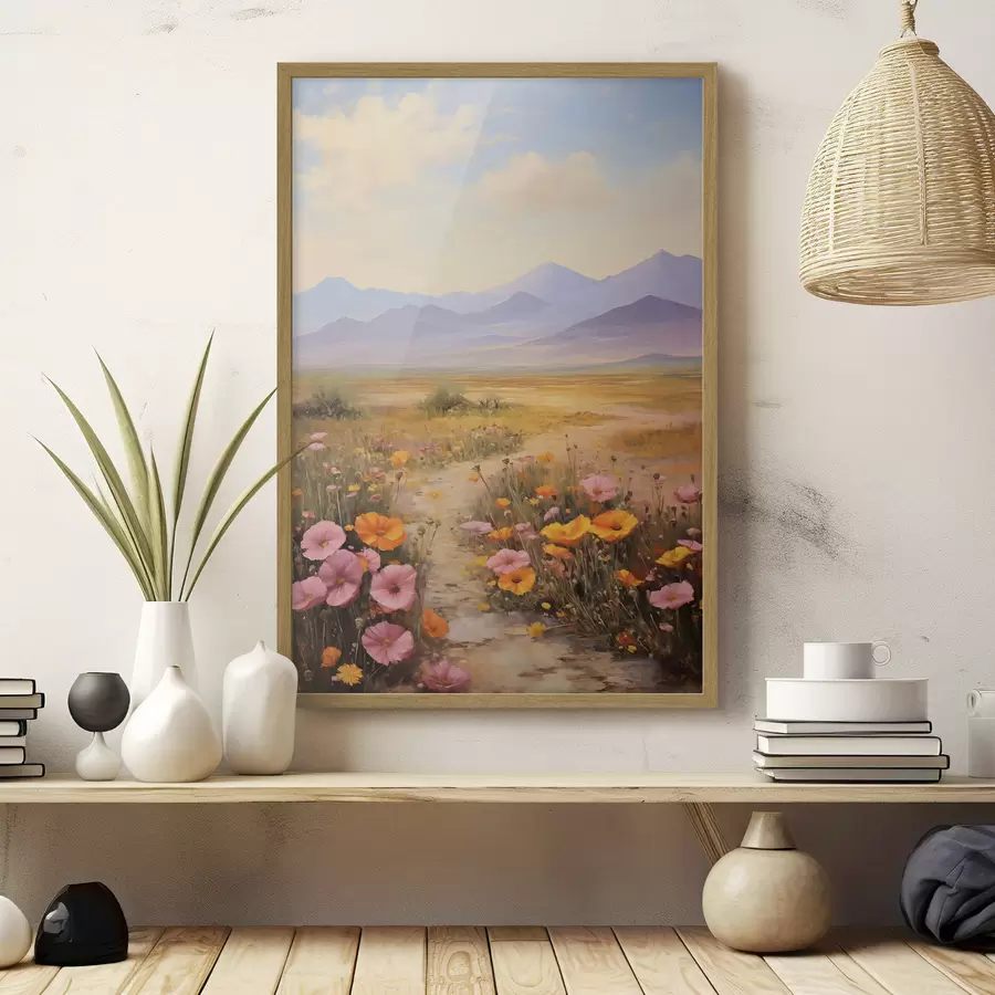 Fototapete Landschaft, ein Feld voller bunter Blumen mit Bergen im Hintergrund, sanfte Pastellfarben f46686
