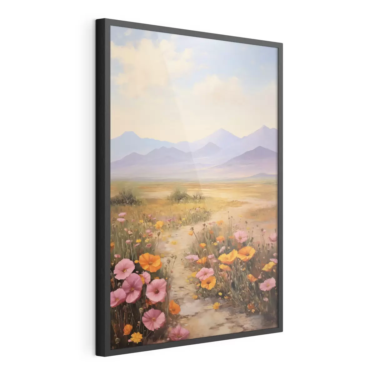 Poster Landschaft, ein Feld voller bunter Blumen mit Bergen im Hintergrund, sanfte Pastellfarben f46686