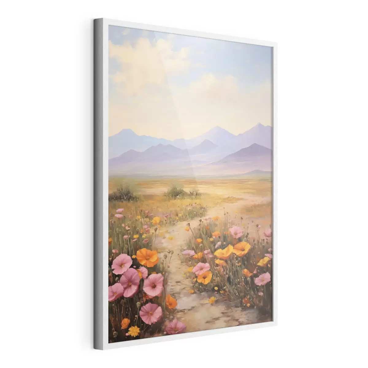 Poster Landschaft, ein Feld voller bunter Blumen mit Bergen im Hintergrund, sanfte Pastellfarben f46686