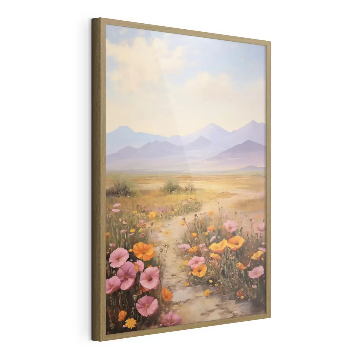 Poster Landschaft, ein Feld voller bunter Blumen mit Bergen im Hintergrund, sanfte Pastellfarben f46686