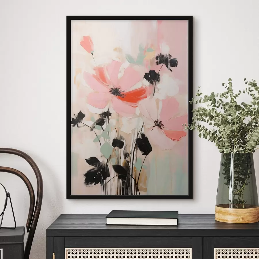 Fototapete Rosa und schwarze Blumen mit Blättern, sanfte Pastellfarben, abstraktes Blumenarrangement, minimalistische Kunst f46687