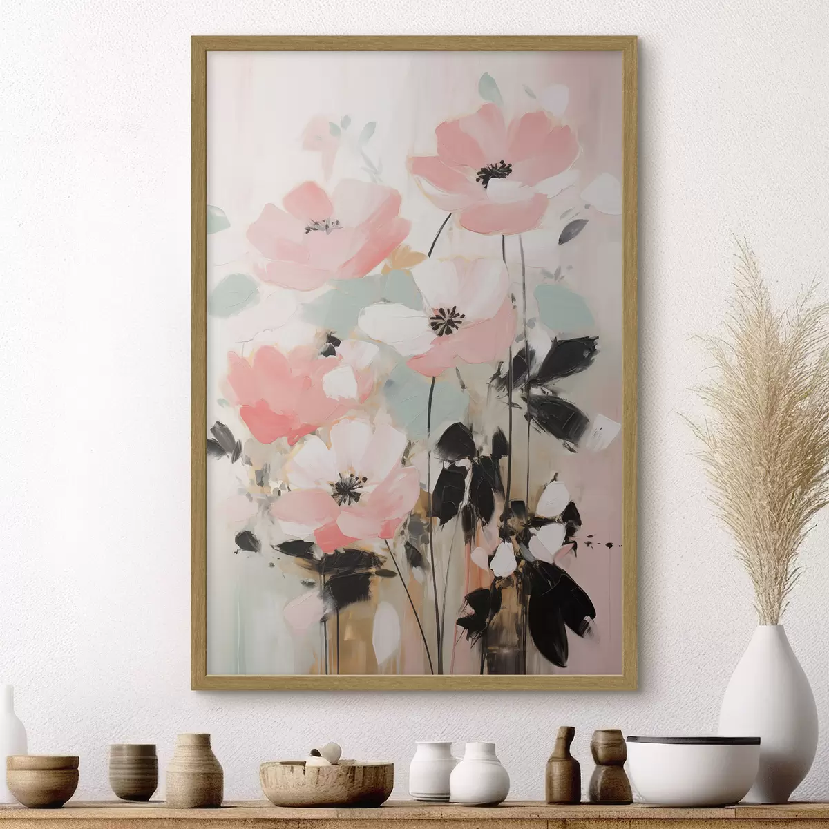 Poster Rosa und schwarze Blumen mit Blättern, sanfte Pastellfarben, abstraktes Blumenarrangement, minimalistische Kunst f46688