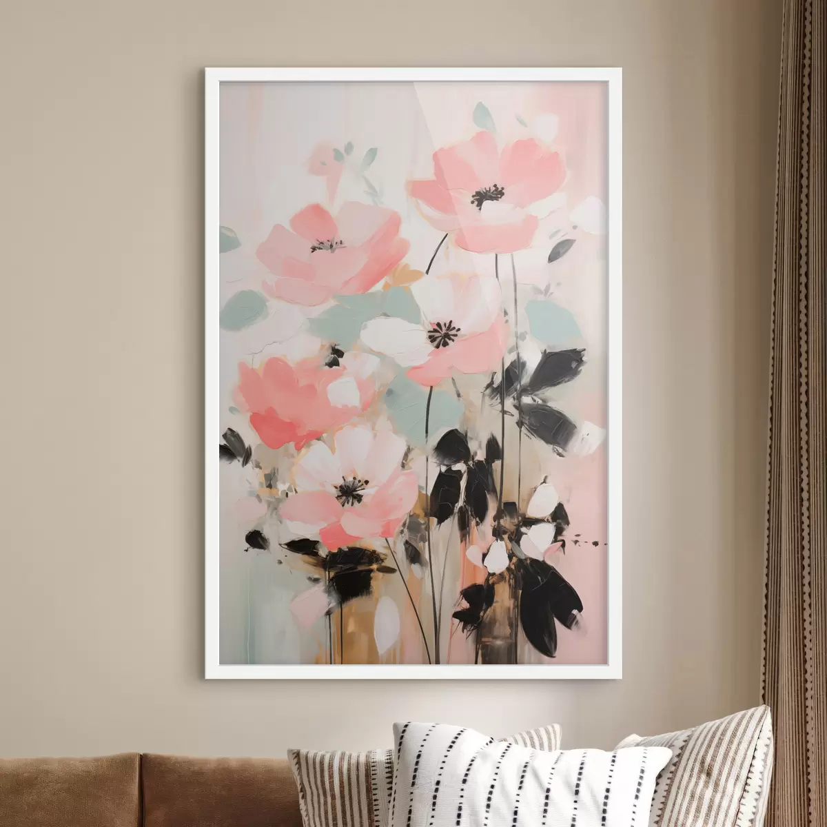 Poster Rosa und schwarze Blumen mit Blättern, sanfte Pastellfarben, abstraktes Blumenarrangement, minimalistische Kunst f46688