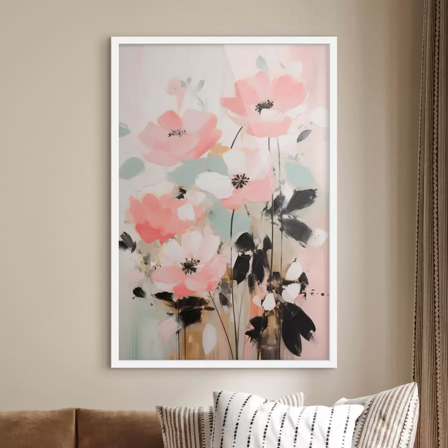 Fototapete Rosa und schwarze Blumen mit Blättern, sanfte Pastellfarben, abstraktes Blumenarrangement, minimalistische Kunst f46688