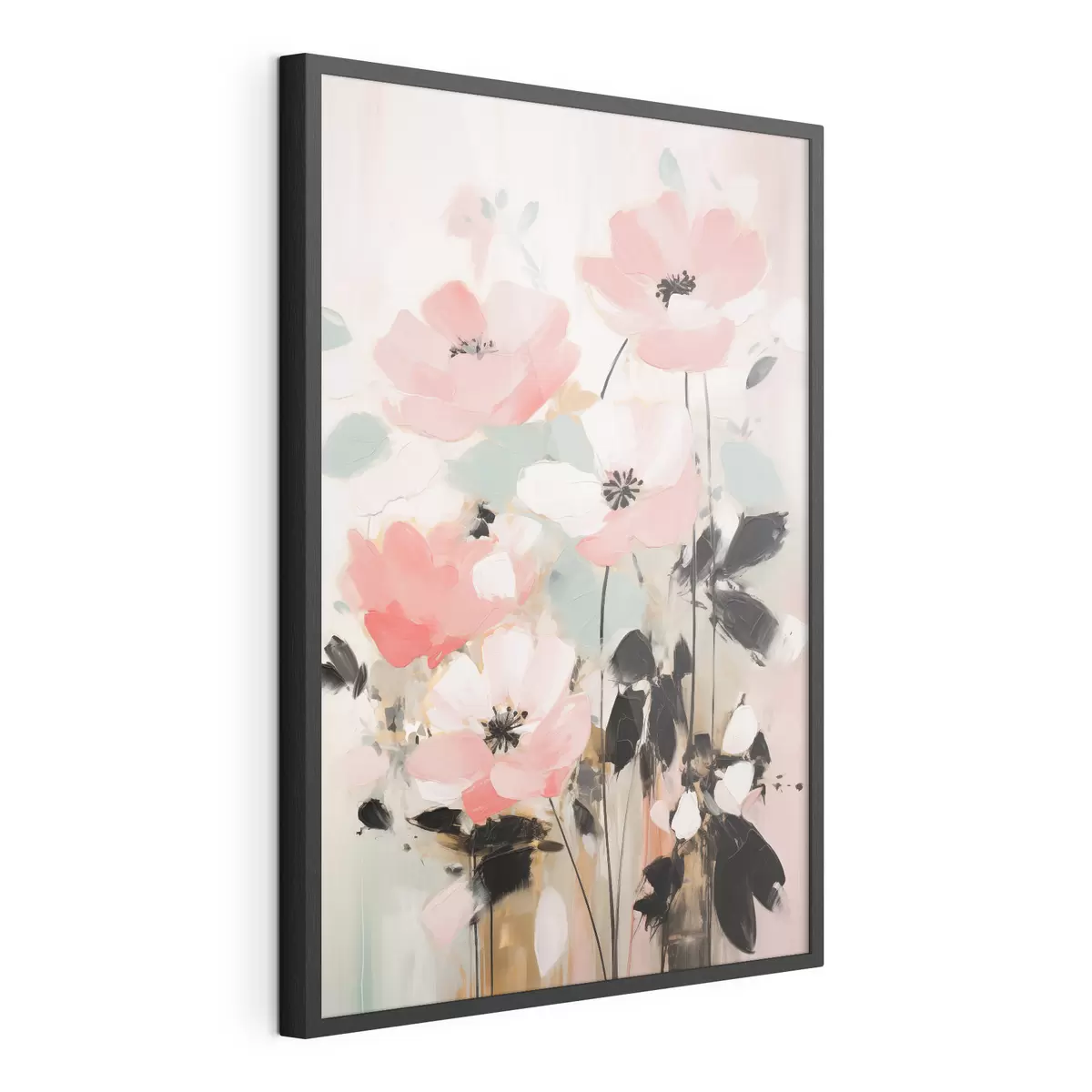 Poster Rosa und schwarze Blumen mit Blättern, sanfte Pastellfarben, abstraktes Blumenarrangement, minimalistische Kunst f46688
