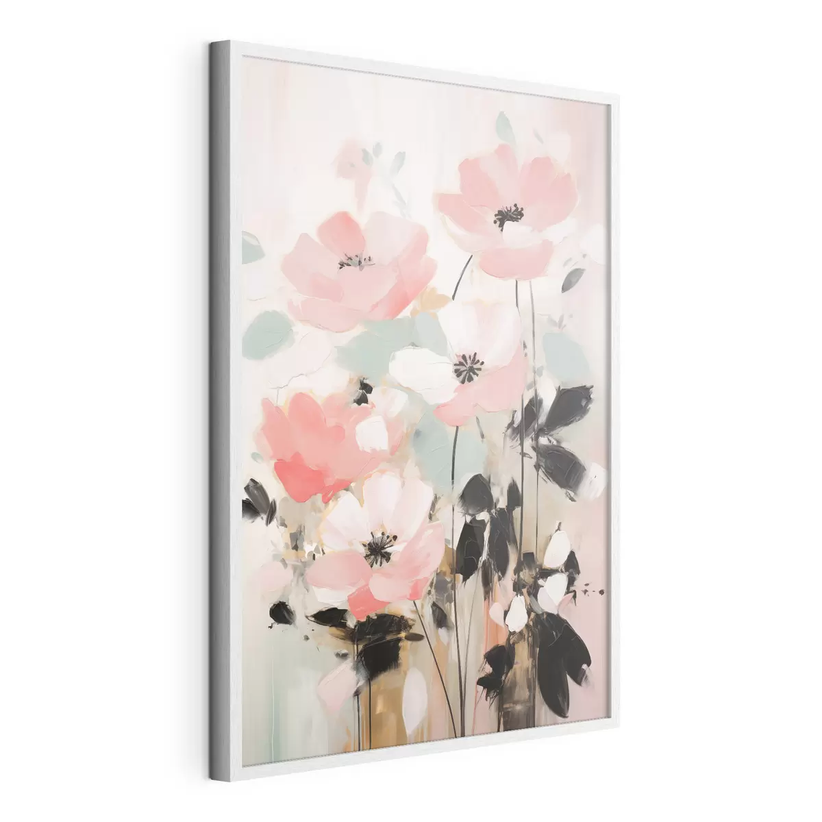 Poster Rosa und schwarze Blumen mit Blättern, sanfte Pastellfarben, abstraktes Blumenarrangement, minimalistische Kunst f46688