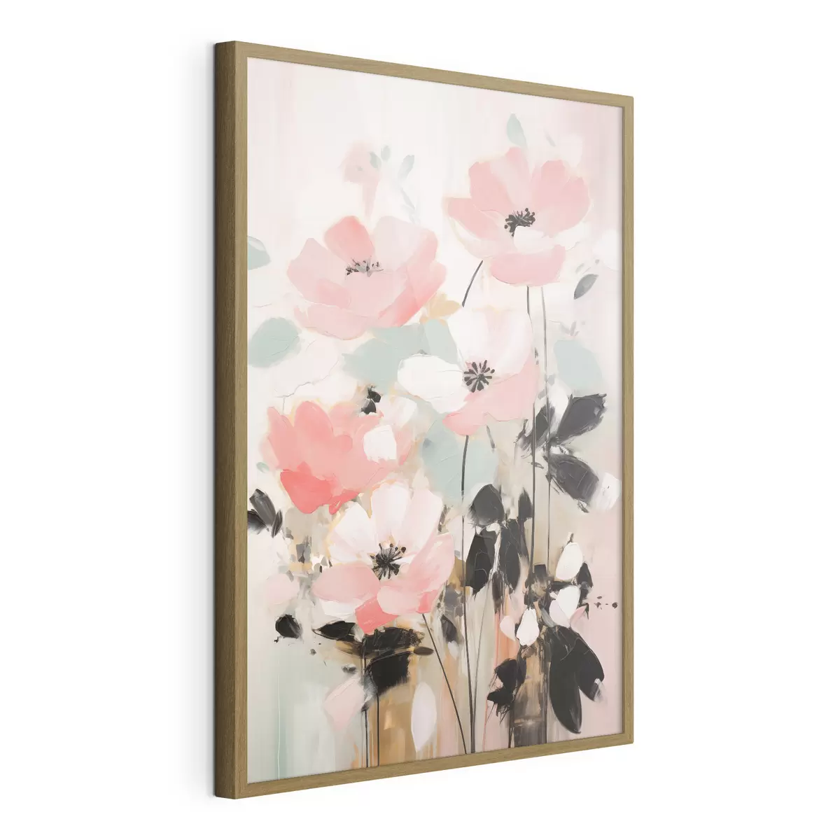 Poster Rosa und schwarze Blumen mit Blättern, sanfte Pastellfarben, abstraktes Blumenarrangement, minimalistische Kunst f46688