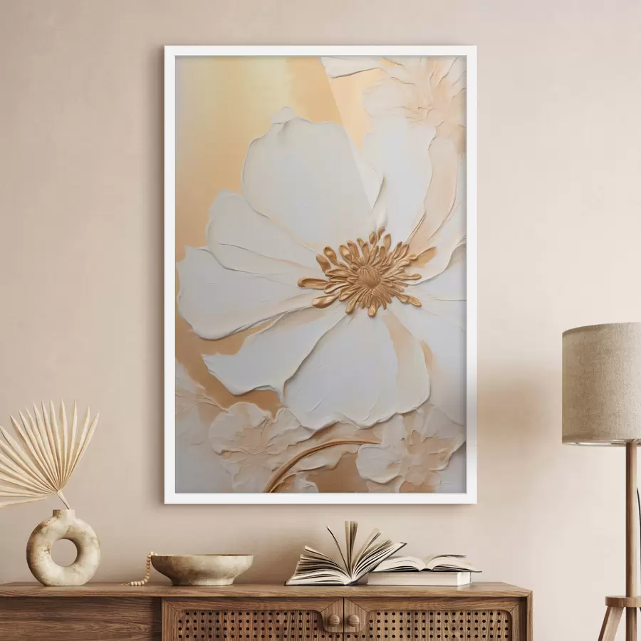 Fototapete Weiße Blume mit zarten Blütenblättern, imitiert durch dicke Pinselstriche, auf einem hellorangen, strukturierten Hintergrund. f46691