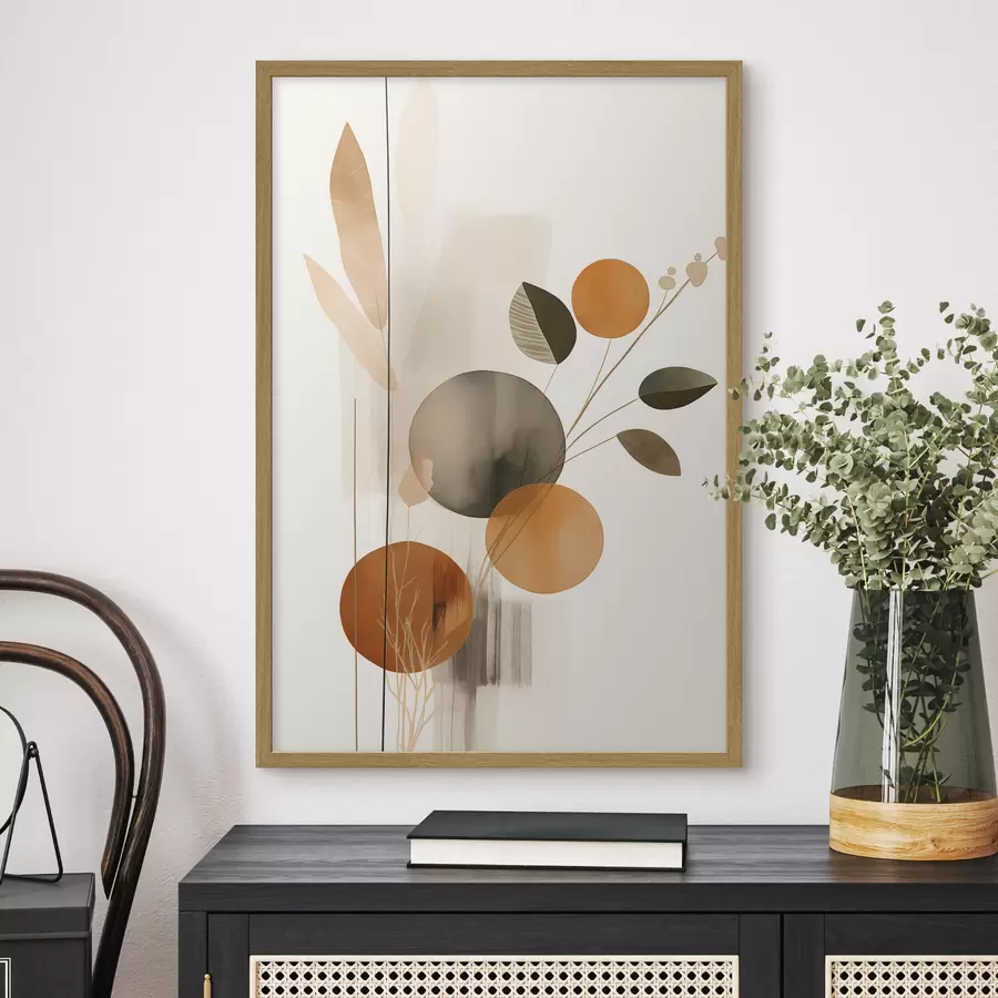 Fototapete Abstrakte Malerei-Imitation mit orangefarbenen und grauen Kreisen, Blättern und Zweigen, moderner Stil, Aquarelleffekt f46697