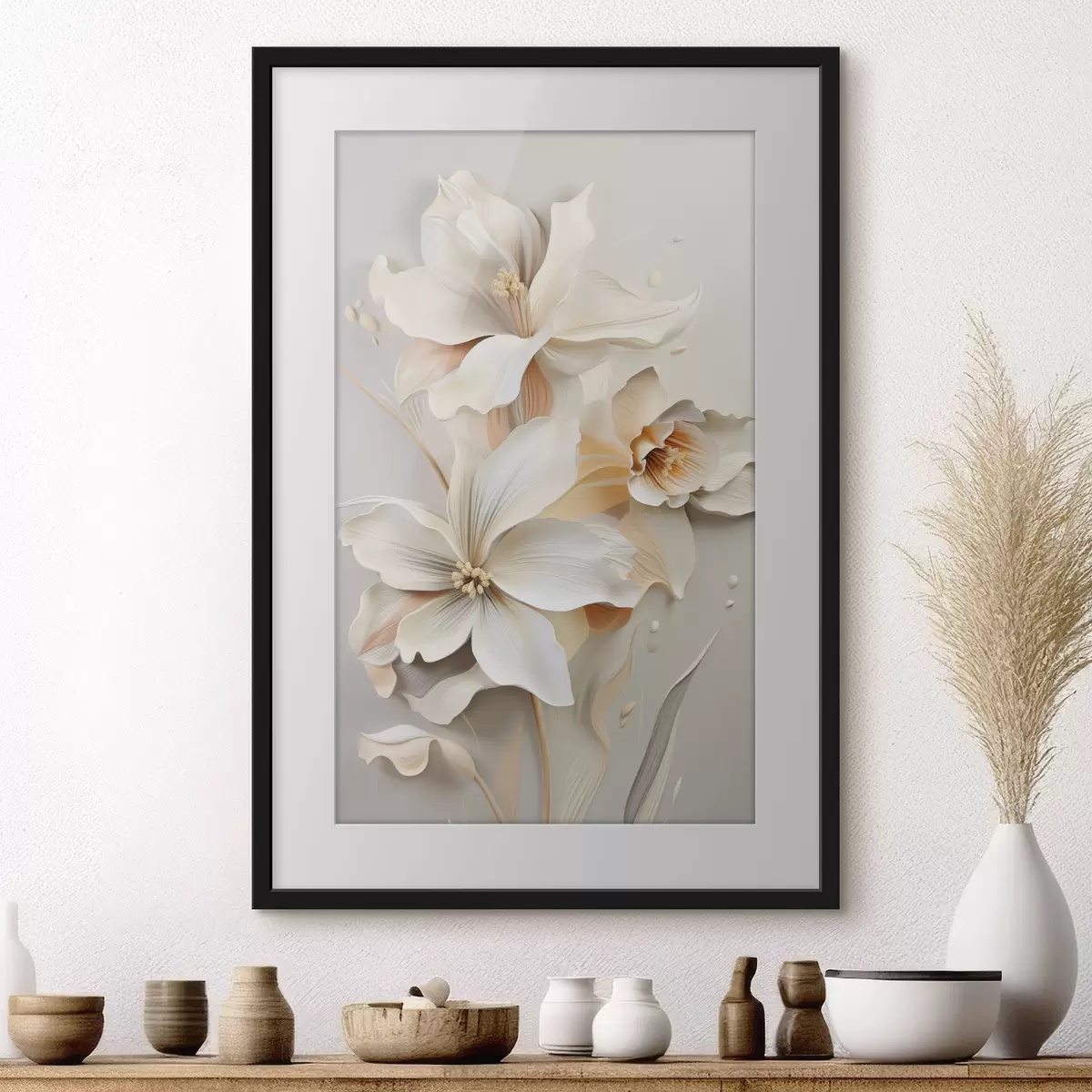 Poster Weiße Blumen, Blütenblätter mit sanften Schatten, hellbeiger Hintergrund, elegante Komposition, minimalistischer Stil f46699