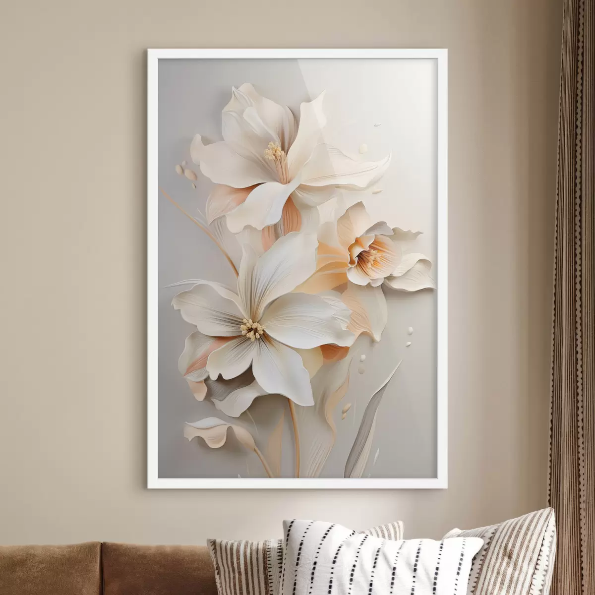 Poster Weiße Blumen, Blütenblätter mit sanften Schatten, hellbeiger Hintergrund, elegante Komposition, minimalistischer Stil f46699