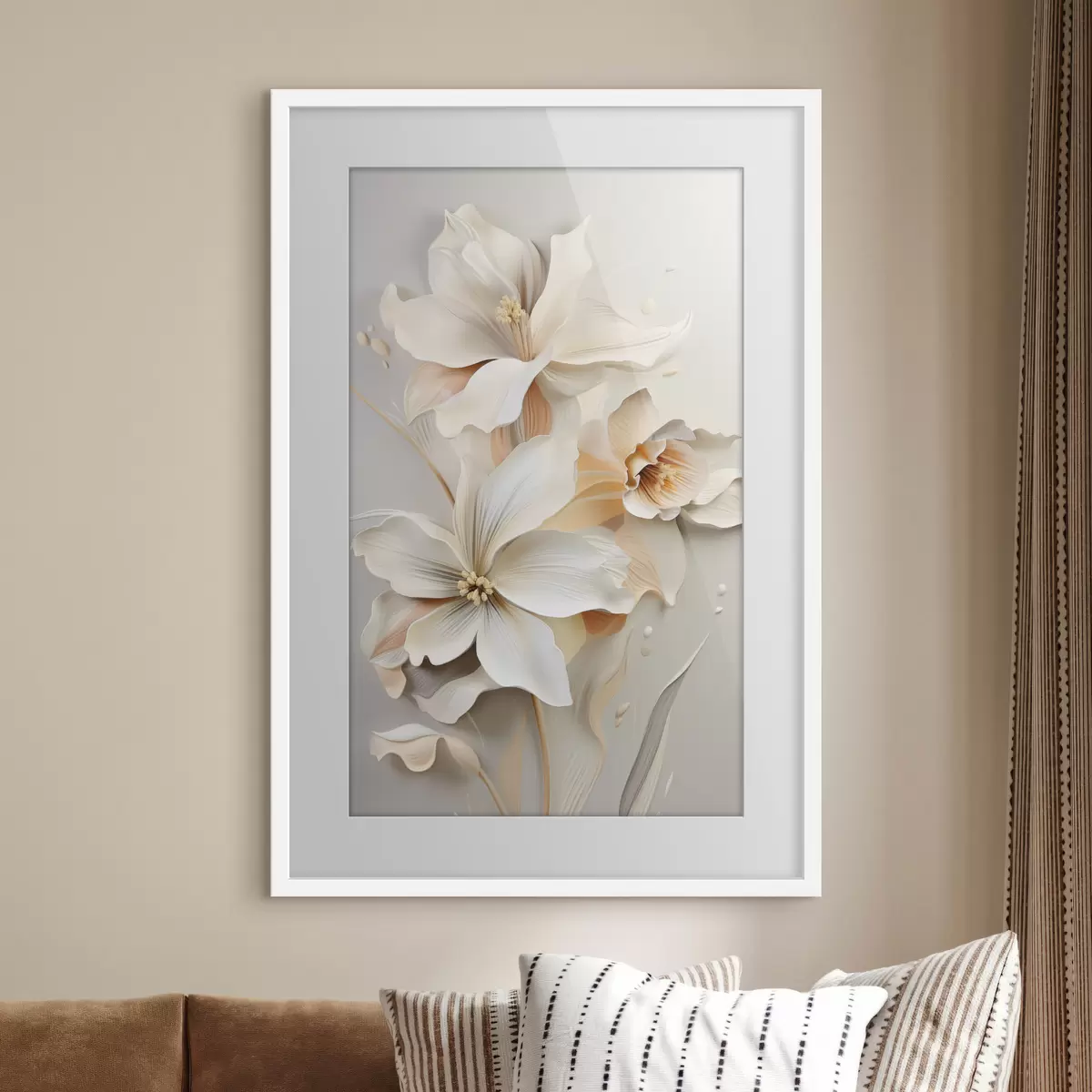 Poster Weiße Blumen, Blütenblätter mit sanften Schatten, hellbeiger Hintergrund, elegante Komposition, minimalistischer Stil f46699