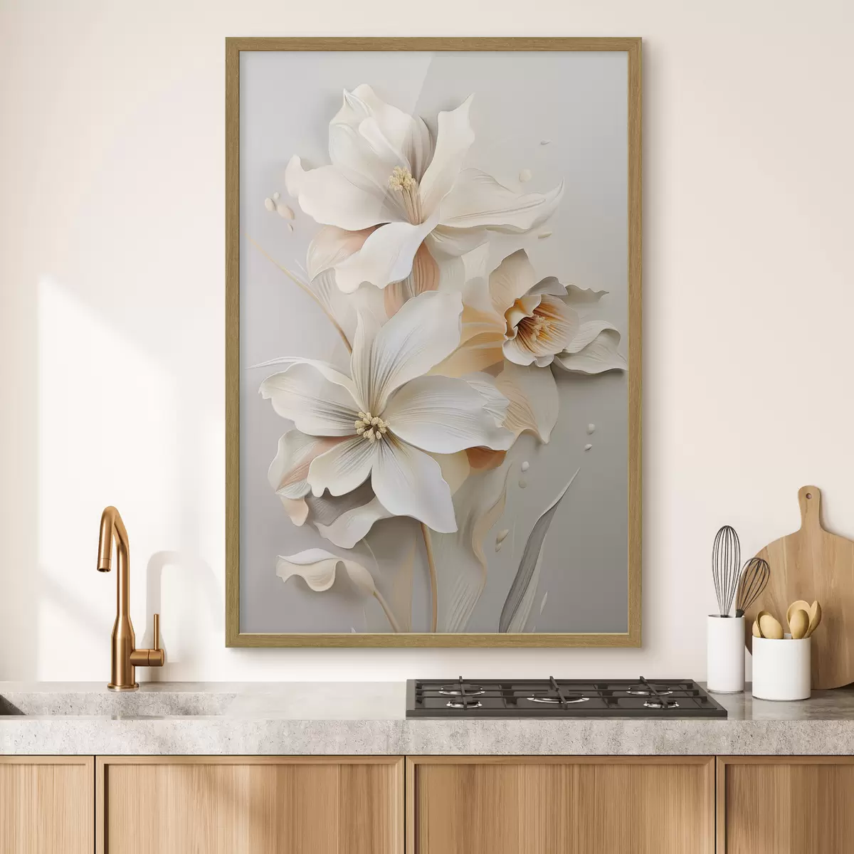 Poster Weiße Blumen, Blütenblätter mit sanften Schatten, hellbeiger Hintergrund, elegante Komposition, minimalistischer Stil f46699