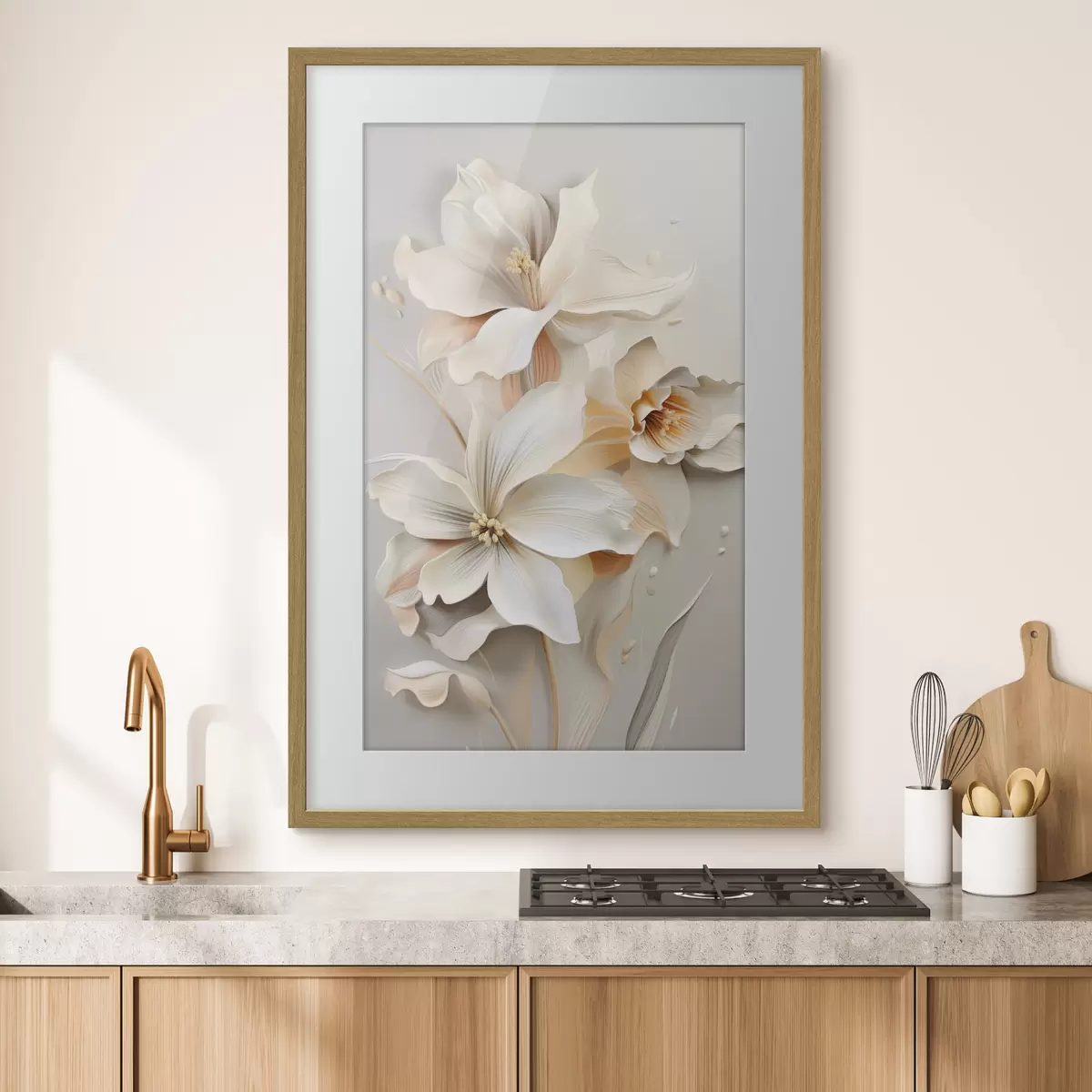 Poster Weiße Blumen, Blütenblätter mit sanften Schatten, hellbeiger Hintergrund, elegante Komposition, minimalistischer Stil f46699