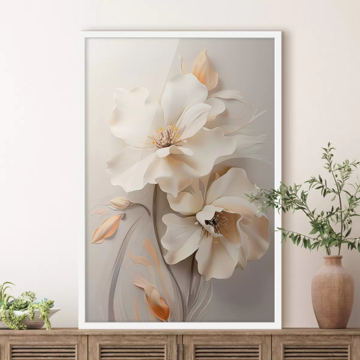 Poster Weiße Blumen, Blütenblätter mit sanften Schatten, hellbeiger Hintergrund, elegante Komposition, minimalistischer Stil f46700