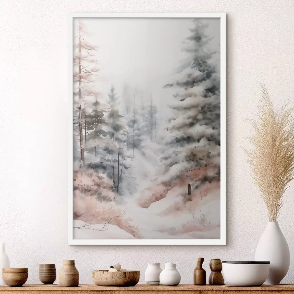 Poster Hohe, schneebedeckte Kiefern stehen in einem nebligen Wald, eine sanfte, gedämpfte Winterszene. f46702