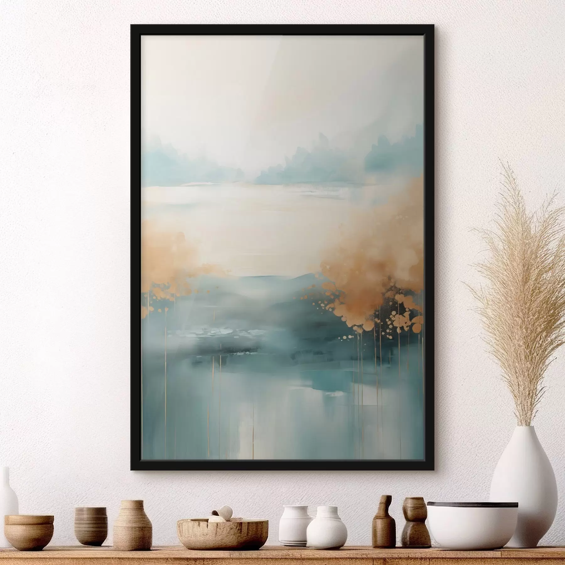 Fototapete Abstrakte Landschaft mit Bergen und See in Blaugrün und strukturiertem Gelb, weiche Pinselstriche, minimalistisches Kunstwerk f46704