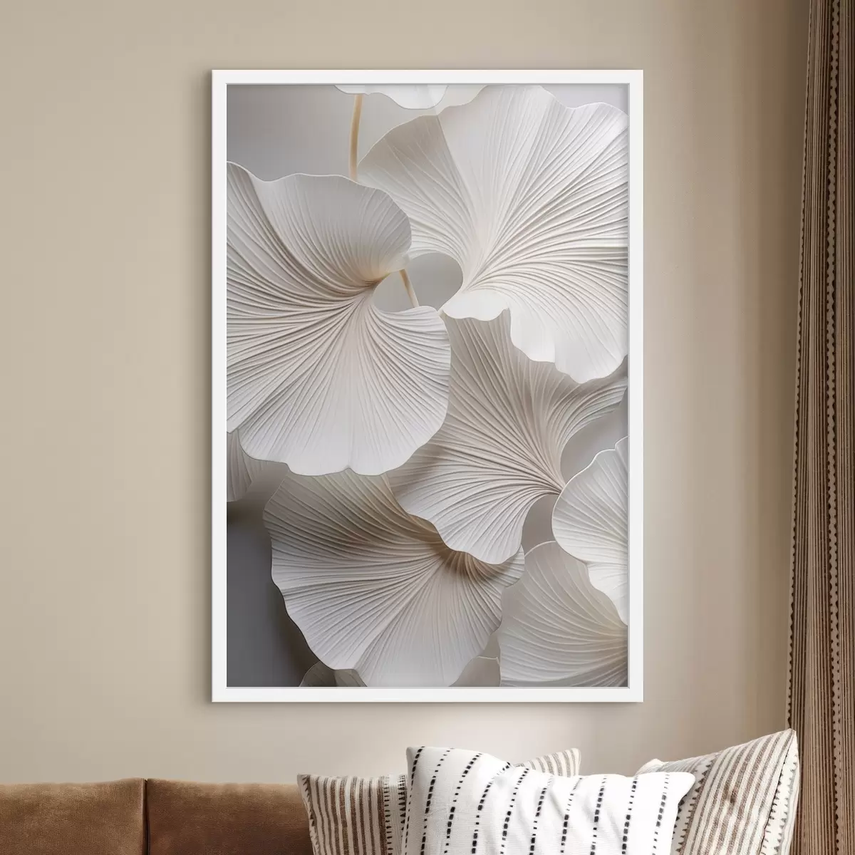 Poster Weiße Ginkgo-Biloba-Blätter mit detaillierten Adern, sanfter Beleuchtung, strukturiertem, elegantem und minimalistischem Design f46705