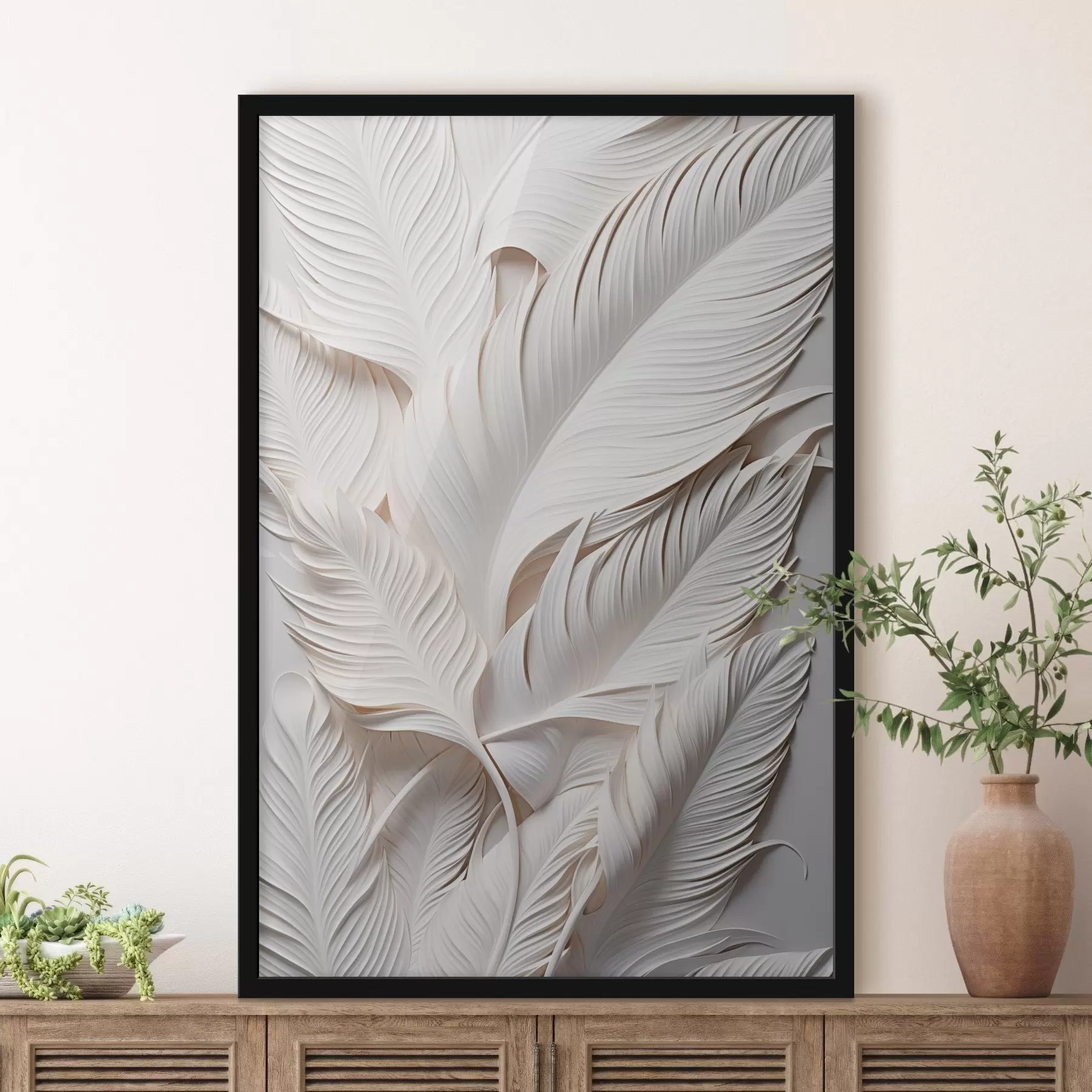 Fototapete Weiße Blätter mit filigranen Details, die einen strukturierten und vielschichtigen Effekt erzeugen, minimalistische Kunst f46706