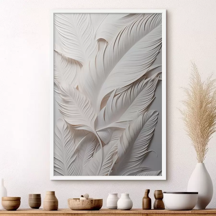 Fototapete Weiße Blätter mit filigranen Details, die einen strukturierten und vielschichtigen Effekt erzeugen, minimalistische Kunst f46706