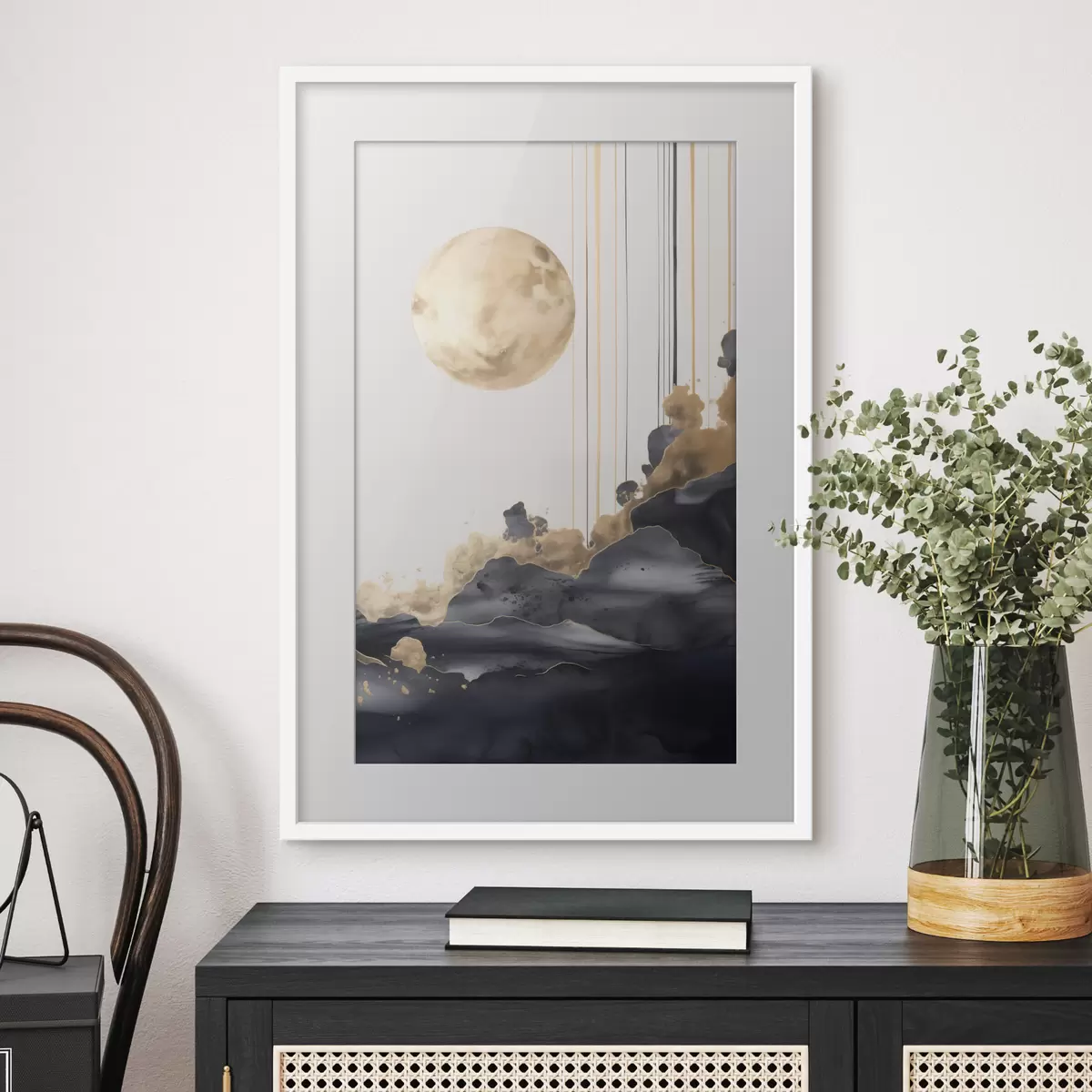 Poster Vollmond mit schwarzen und strukturierten gelben Wolken, vertikalen Linien, abstrakter Stil, minimalistisch und modern f46707