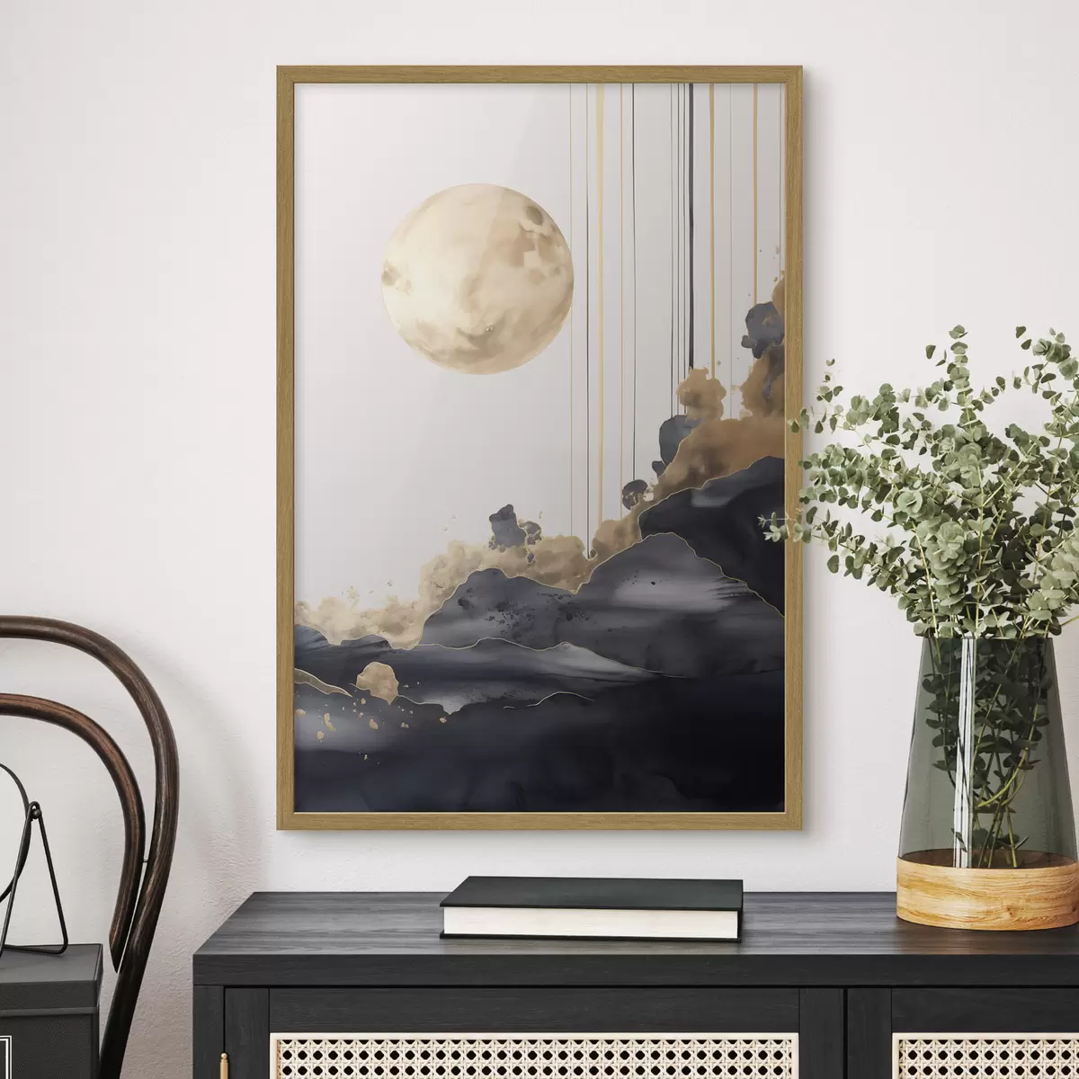 Poster Vollmond mit schwarzen und strukturierten gelben Wolken, vertikalen Linien, abstrakter Stil, minimalistisch und modern f46707
