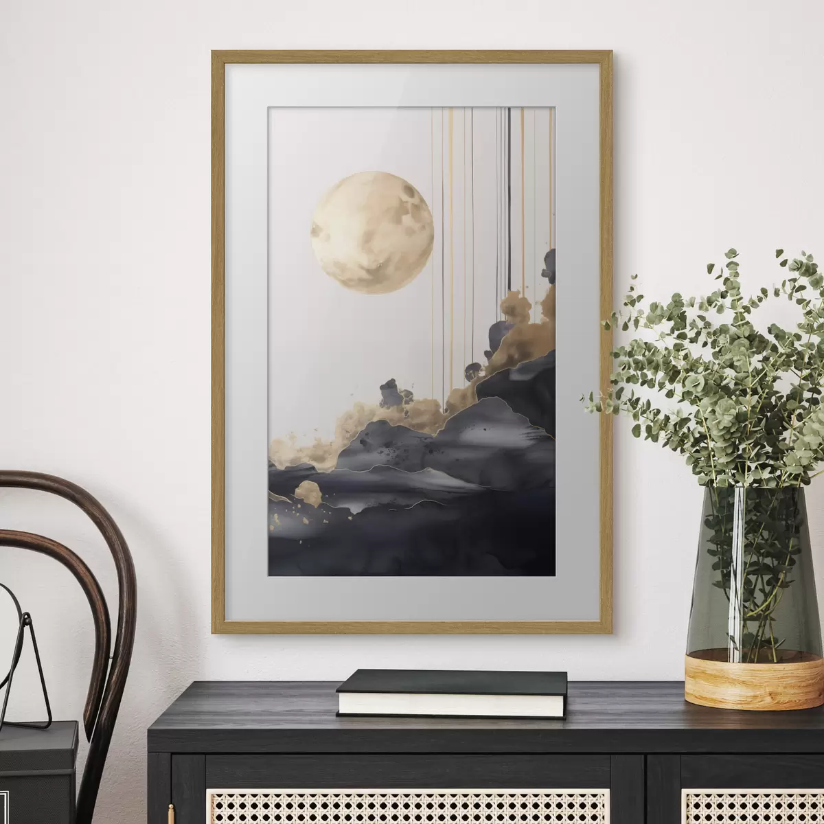 Poster Vollmond mit schwarzen und strukturierten gelben Wolken, vertikalen Linien, abstrakter Stil, minimalistisch und modern f46707