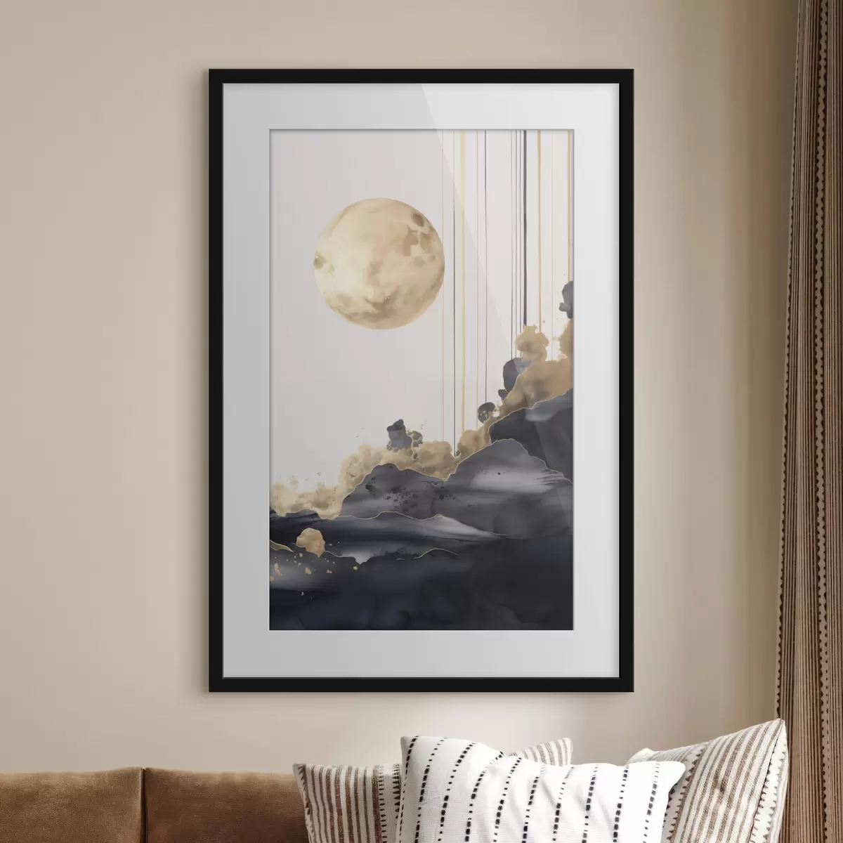 Poster Vollmond mit schwarzen und strukturierten gelben Wolken, vertikalen Linien, abstrakter Stil, minimalistisch und modern f46707