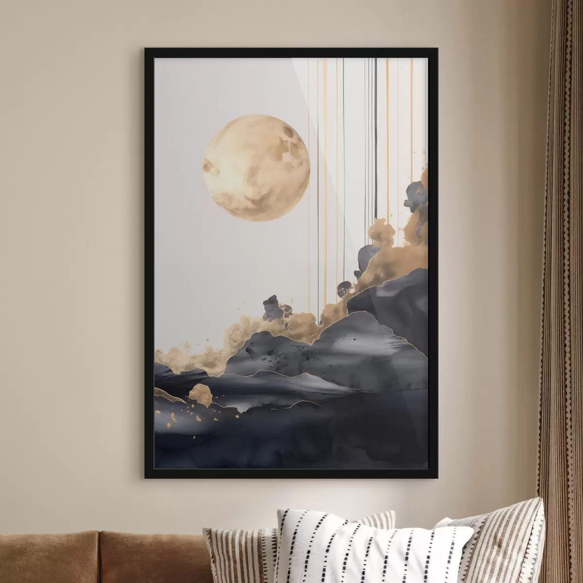 Poster Vollmond mit schwarzen und strukturierten gelben Wolken, vertikalen Linien, abstrakter Stil, minimalistisch und modern f46707