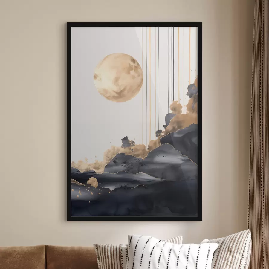 Fototapete Vollmond mit schwarzen und strukturierten gelben Wolken, vertikalen Linien, abstrakter Stil, minimalistisch und modern f46707
