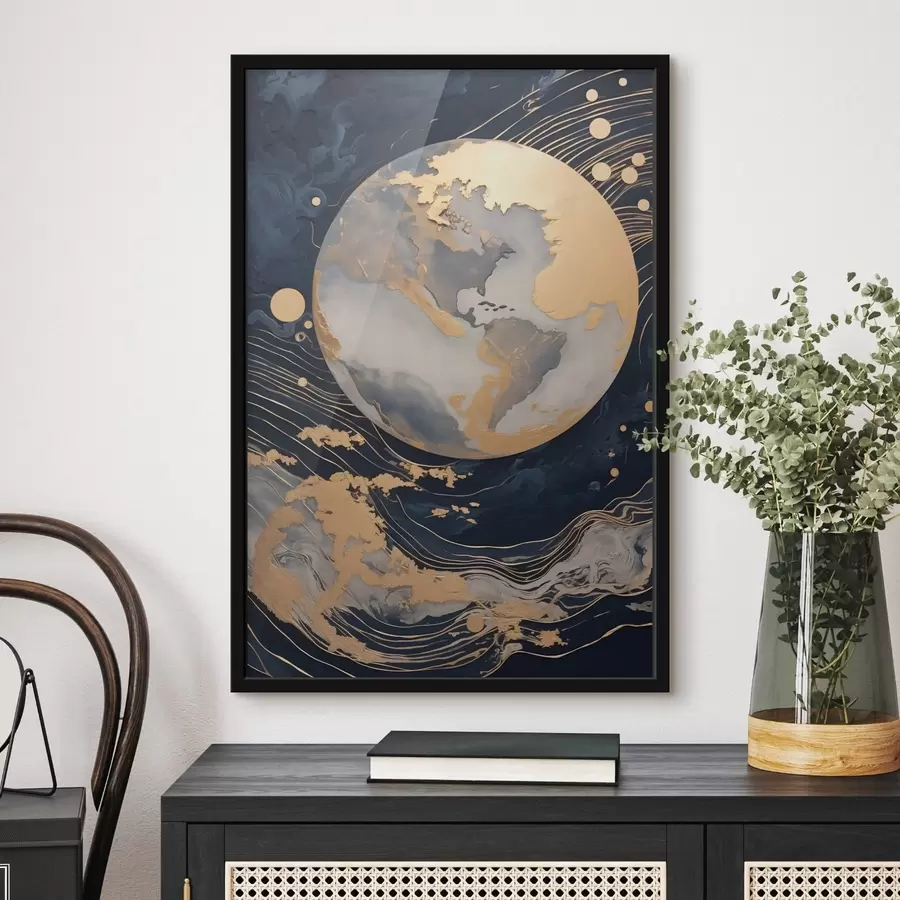 Fototapete Strukturierter dekorativer Planet mit gelben Linien im Hintergrund, gelben Punkten im Hintergrund, dunklem Hintergrund f46708