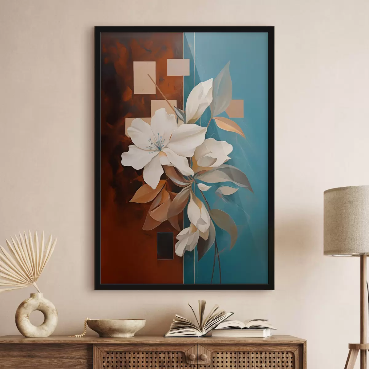 Poster Abstrakte weiße Blumen und Blätter vor einem Hintergrund aus Braun und Blau mit abstrakten Formen, in minimalistischem Stil f46709