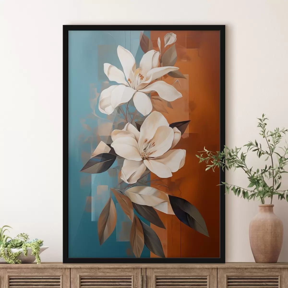 Poster Abstrakte weiße Blumen und Blätter vor einem Hintergrund aus Braun und Blau mit abstrakten Formen, in minimalistischem Stil f46710