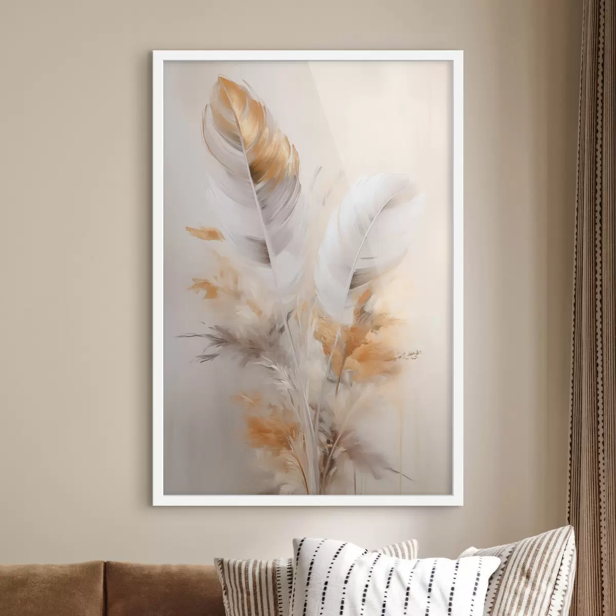 Poster Abstrakte Federn, umgeben von beigen und braunen Federn, weich und zart, auf hellbeigem Hintergrund f46711